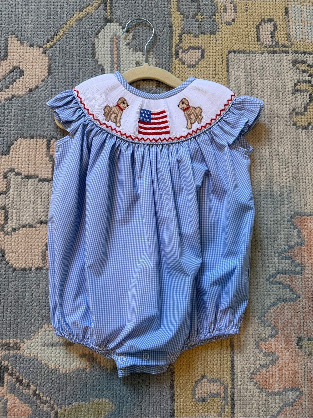 Stitchy Fish Smocked Blue Gingham Baby One-Piece with Flag & Puppy Embroidery